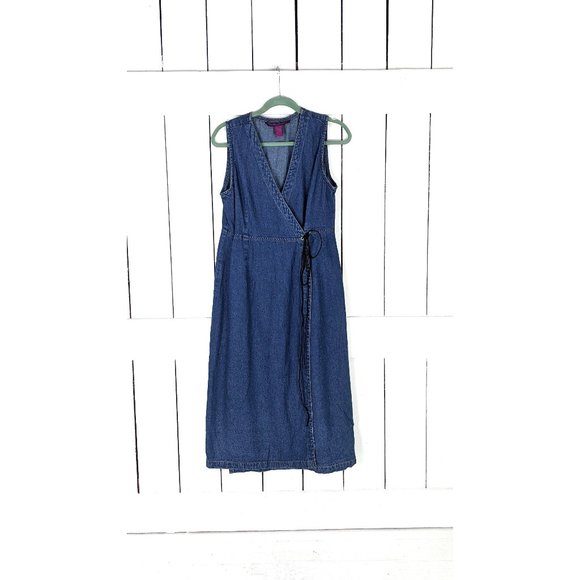 90s vintage blue cotton jean denim sleeveless long maxi wrap dress PM - Picture 1 of 5